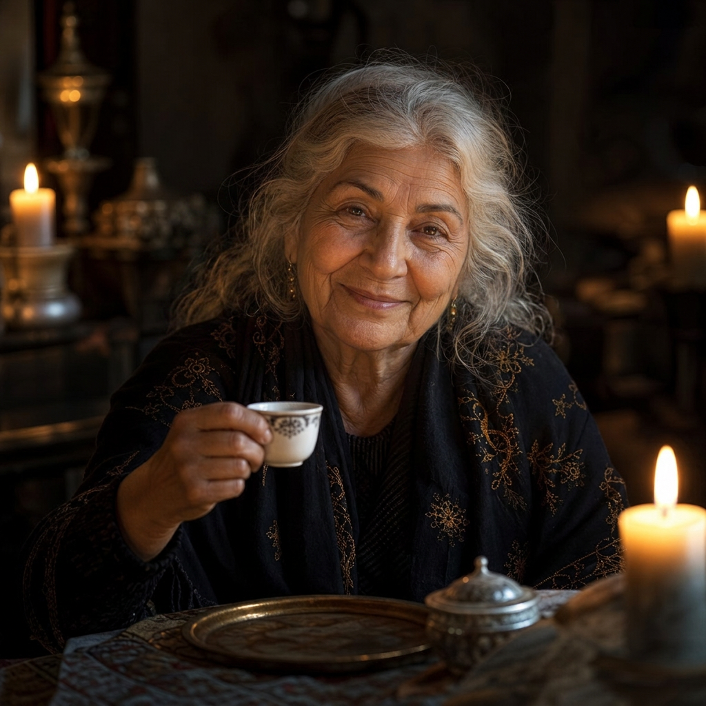 Zara, eyes closed, reading the cup with care